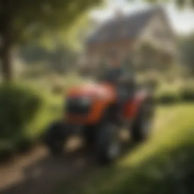 A farmer using a lawn tractor cart in a garden setting