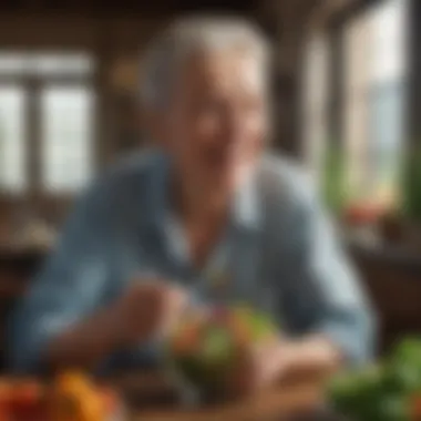 A happy senior enjoying a fresh salad, representing the benefits of nutritious eating.