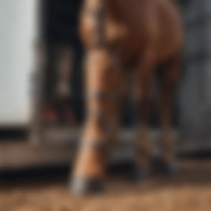 A horse being loaded into a trailer with protective shipping boots