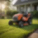 A sleek sit down lawn mower with a bagger in action on a lush green lawn