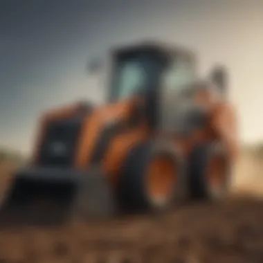 A skid steer loader operating in a field