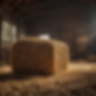 A close-up view of a small haynet filled with hay in a barn setting