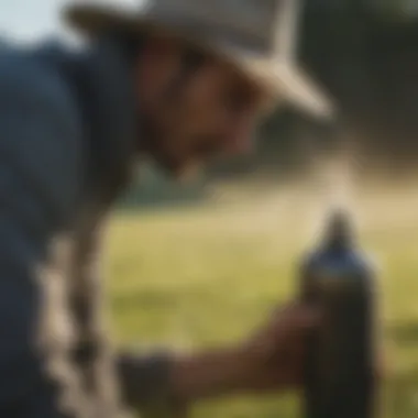 A farmer applying spray-on solution to cattle in a pasture