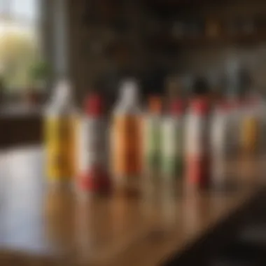 Various spray-on fly control products displayed on a farm table