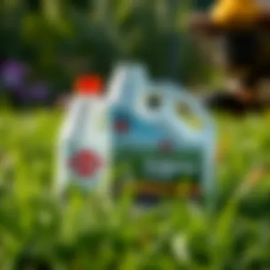 Bottles of chemical treatments for crabgrass control