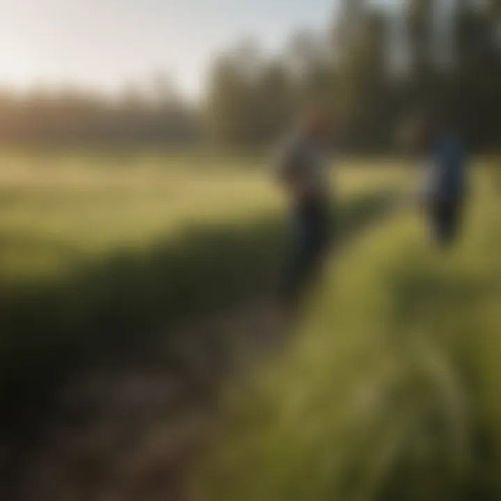 Farmers examining tall fescue growth in a pasture