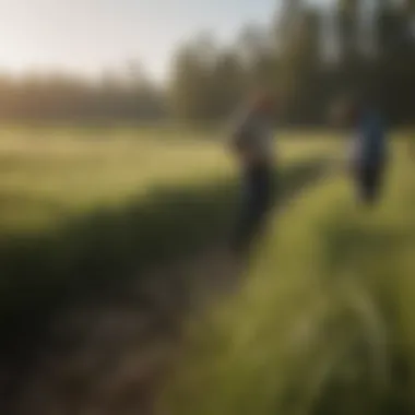 Farmers Examining Tall Fescue Farmers examining tall fescue growth in a pasture