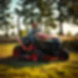 Lawn mower equipped with thatcher attachment in action