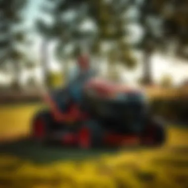 Lawn mower equipped with thatcher attachment in action