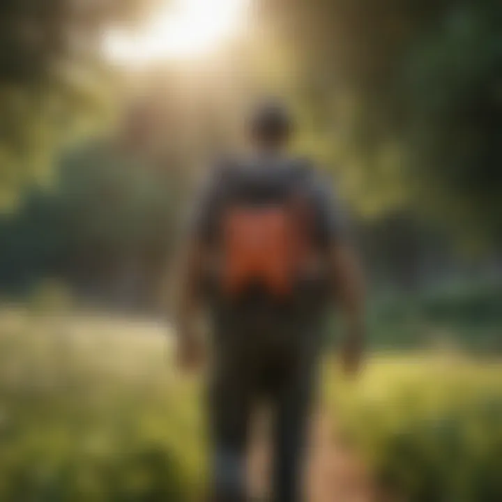 A gardener using a backpack sprayer in a lush landscape