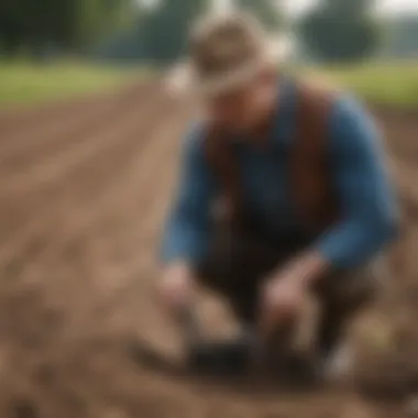 Traditional Soil pH Testing in Agriculture A farmer using a traditional soil pH test kit in the field