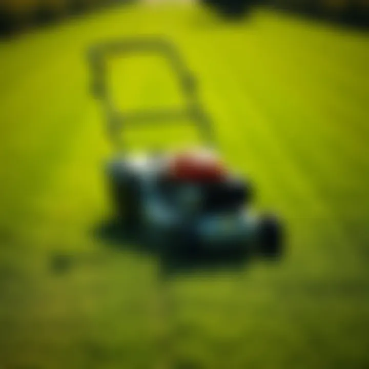 Big push mower in action across a lush green lawn