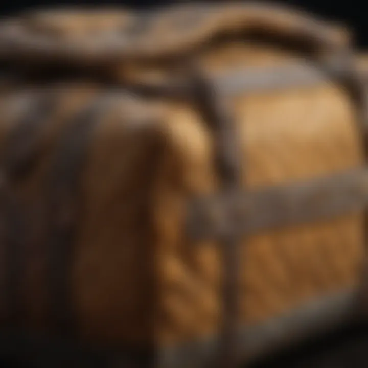 Close-up of the fabric and stitching details of a quilted duffle bag