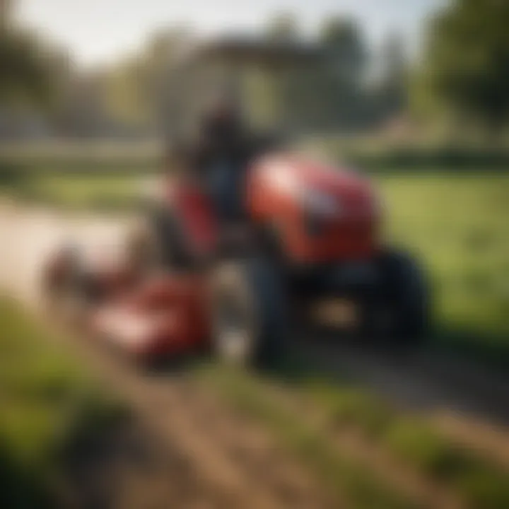 Disc mower in operation on a small farm landscape