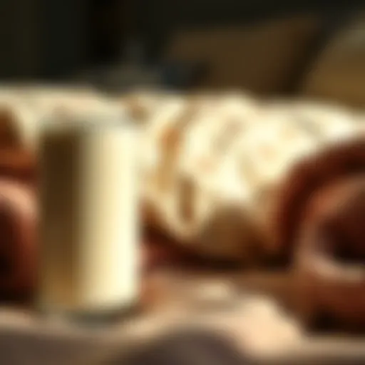 A glass of warm milk next to a cozy bed