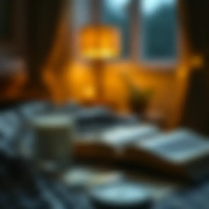 A peaceful nighttime scene with milk and a book