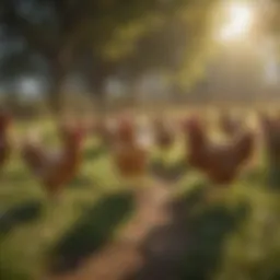 A serene pasture where hens roam freely, embodying the essence of organic farming.