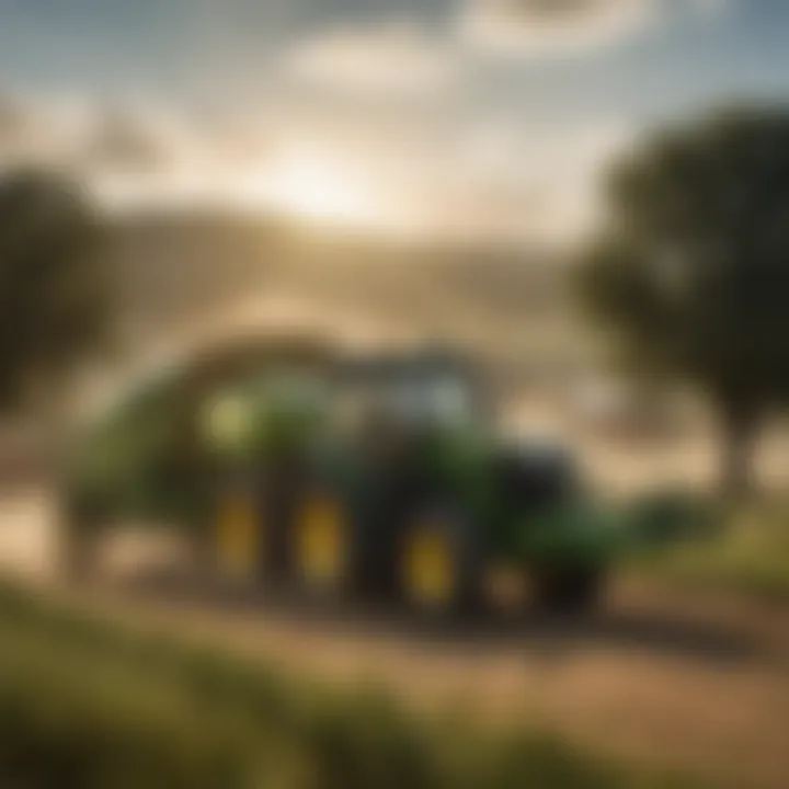 John Deere round baler in action on a small farm landscape