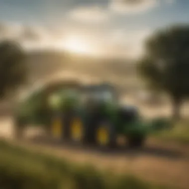 John Deere Round Baler in Action John Deere round baler in action on a small farm landscape