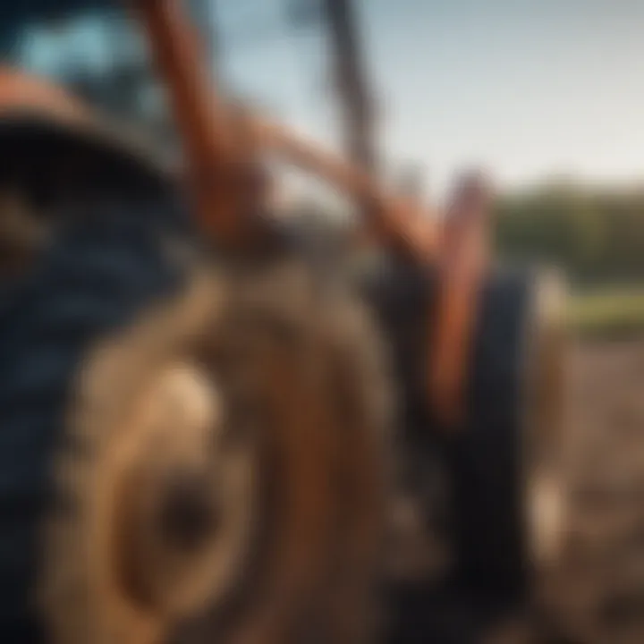 Close-up view of tractor bucket forks in action on a farm