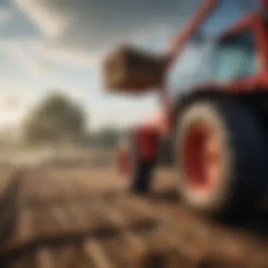 Tractor equipped with bucket forks lifting heavy bales