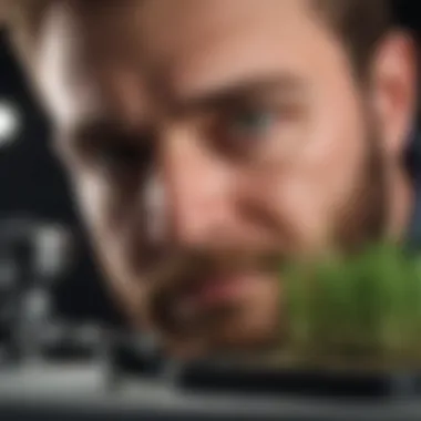 Researcher examining turfgrass samples under a microscope