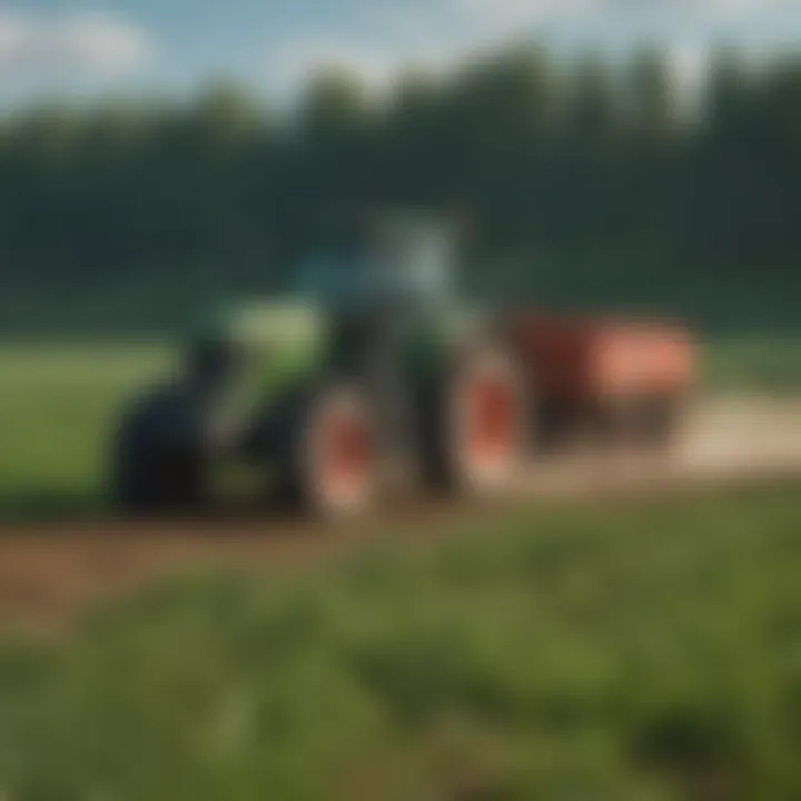 A tractor working in a lush green field during the planting season