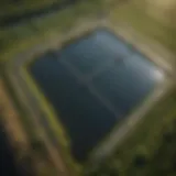 Aerial view of a fish farming pond with aerators in action