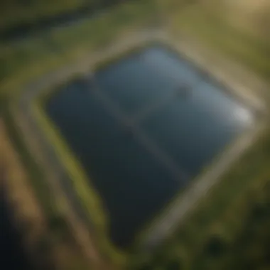Aerial View of Aerators in Fish Farming Pond Aerial view of a fish farming pond with aerators in action