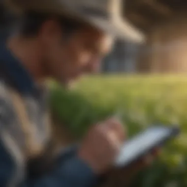 Close-up of a farmer analyzing financial data on a tablet