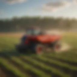 A broadcast spreader in action on a lush agricultural field