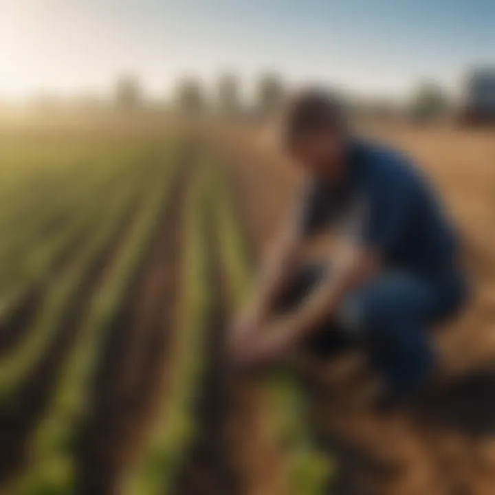 A farmer inspecting a carbon filtration setup in an agricultural field.