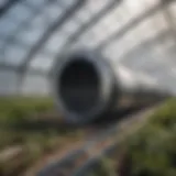 A detailed view of a carbon filter duct installation in a greenhouse.