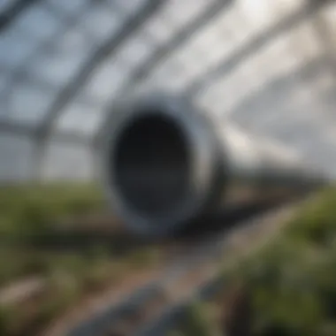 A detailed view of a carbon filter duct installation in a greenhouse.