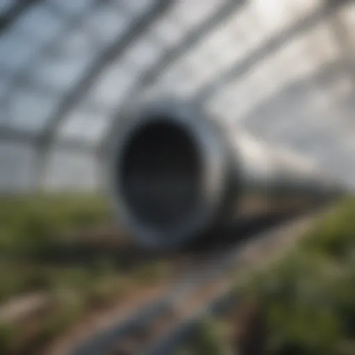 A detailed view of a carbon filter duct installation in a greenhouse.