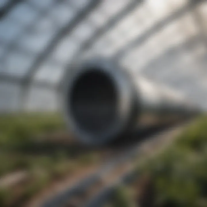 A detailed view of a carbon filter duct installation in a greenhouse.