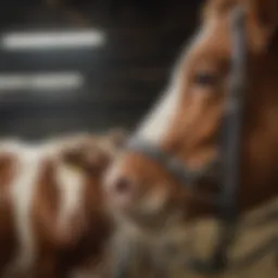 A close-up of a well-fitted cow show halter on a cow