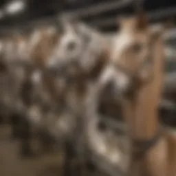 Different styles of dairy show halters displayed on a rack
