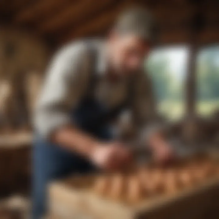 A farmer inspecting the maintenance of an egg nesting box.