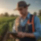 A farmer reviewing employment contracts on a tablet in a field