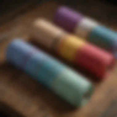 Different colors and types of equine vet wrap displayed on a wooden surface.