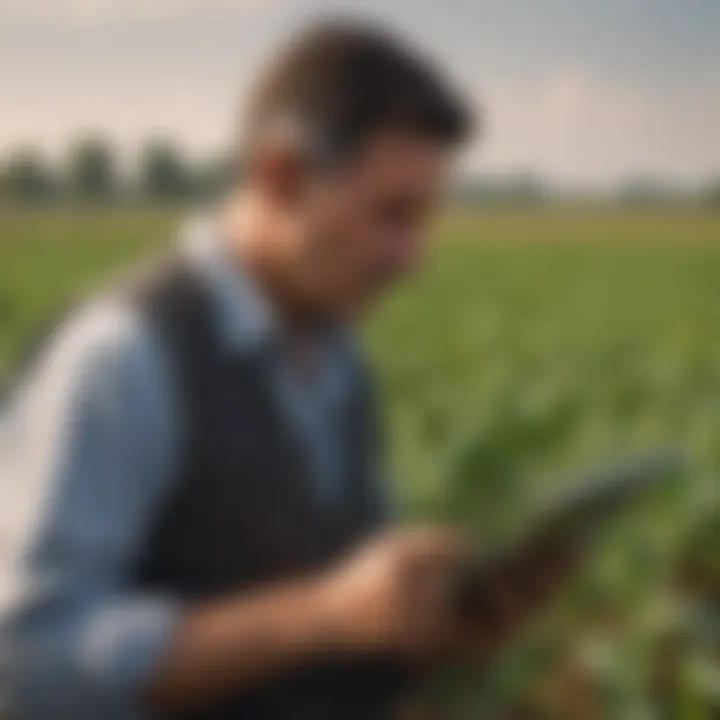 A farmer analyzing data on a tablet in a field