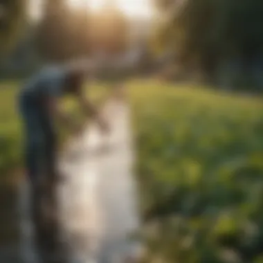 A farmer adjusting the floating row cover support system