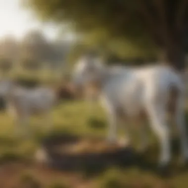 Goats using a slow feeder in a pasture setting