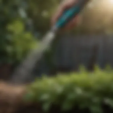 Close-up of a hose spray wand in action watering plants