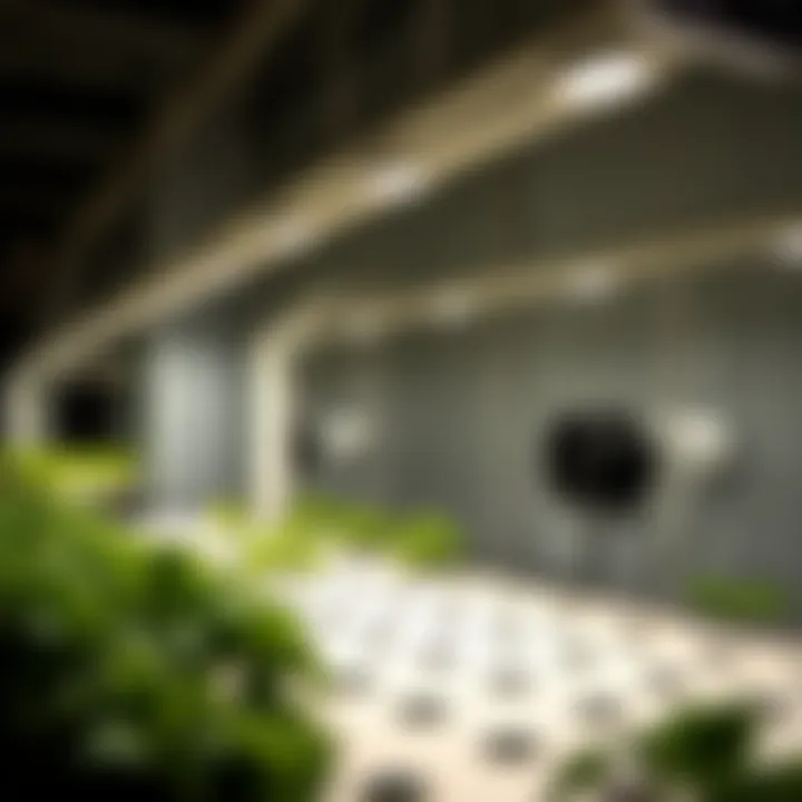 Diagram depicting environmental control systems in hydroponic setups, including lights and ventilation.