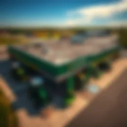 Aerial view of a John Deere dealership in Hamilton, MI, showcasing agricultural machinery.