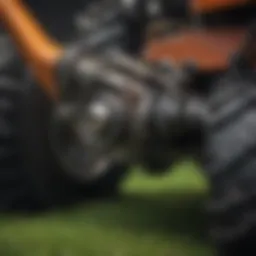 Detailed view of a lawn mower foot throttle mechanism showcasing its intricate parts.