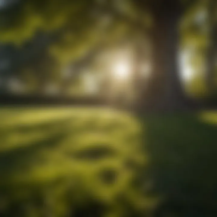 Dappled sunlight filtering through tree leaves over a lush lawn