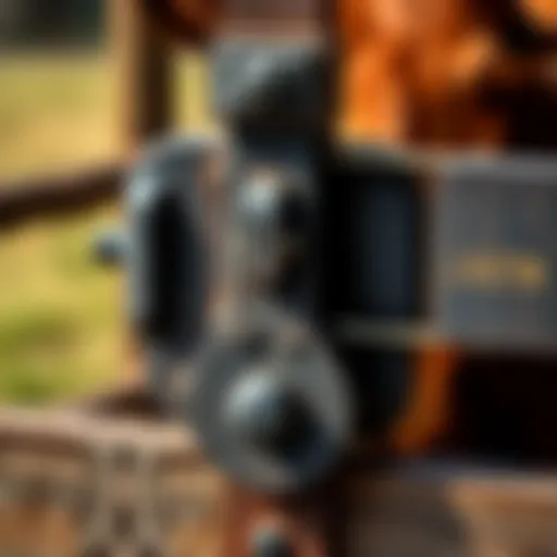 A close-up of a heavy-duty livestock gate latch showing its mechanism